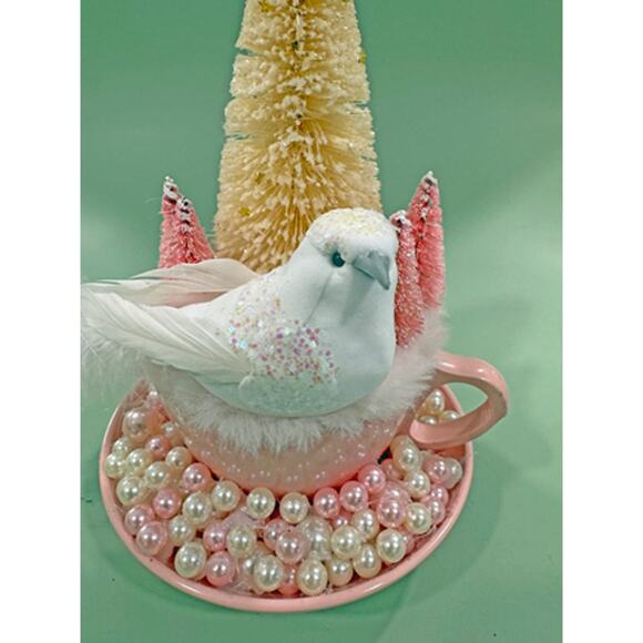 Priced Reduced Pink Melmac Cup Christmas Assemblage w/ Bird & Bottle Brush Trees - Picture 2 of 7